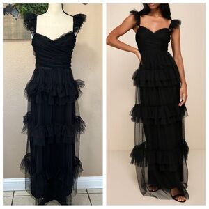 Lulus Black Swiss Dot Tiered Maxi Dress Open Back Mesh Formal Wedding Guest M